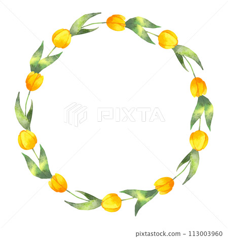 Wreath of yellow tulips with leaves. Watercolor illustration. Simple stylized style.Blooming summer wreath. Spring botanical frame for Easter for Mother's Day, Women's Day. Hand drawn art. Vector. Wreath of yellow tulips with leaves. Watercolor illustration. Simple stylized style.Blooming summer wreath. Spring botanical frame for Easter for Mother's Day, Women's Day. Hand drawn art. Vector. 113003960