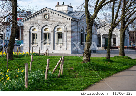 Brussels Old Town, Belgium - Old city gate of Ninove and park 113004123
