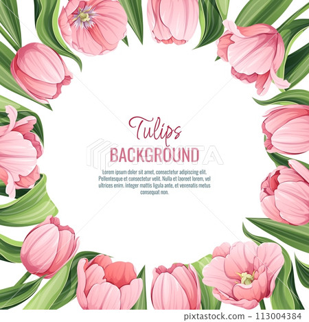 Template for greeting card, banner with pink tulips. Spring background for International Women s Day, March 8. Frame with delicate spring flowers. 113004384
