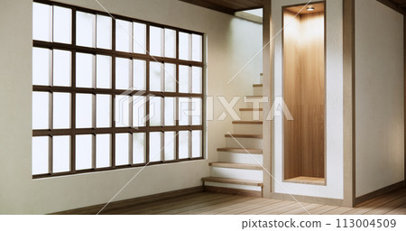 stairs wooden in muji room with white wall with wood wall design. stairs wooden in muji room with white wall with wood wall design. 113004509