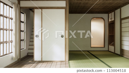 Shelf empty door on wall with tatami mat floor design Japan style. Shelf empty door on wall with tatami mat floor design Japan style. 113004518