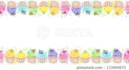 Seamless border frame rainbow multicolored cupcakes muffins, sweet whipped cream. Berries, citrus fruits, chocolate, leaf. Hand drawn watercolor illustration isolated on white background. Seamless border frame rainbow multicolored cupcakes muffins, sweet whipped cream. Berries, citrus fruits, chocolate, leaf. Hand drawn watercolor illustration isolated on white background. 113004672