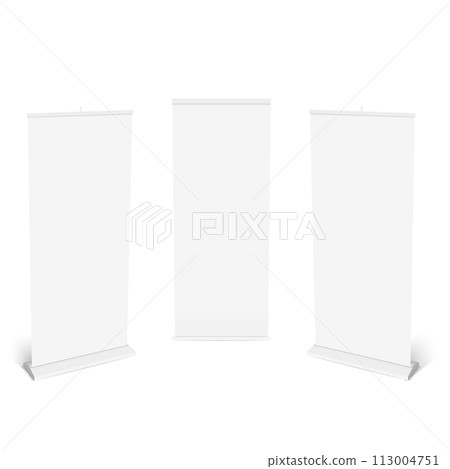 Vertical roll up banner stand isolated on white background. Vector 113004751