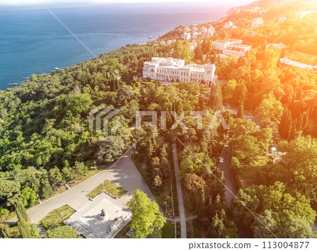 Aerial View of Livadia Palace - located on the shores of the Black Sea in the village of Livadia in the Yalta region of Crimea. Livadia Palace was a summer retreat of the last Russian tsar Nicholas II Aerial View of Livadia Palace - located on the shores of the Black Sea in the village of Livadia in the Yalta region of Crimea. Livadia Palace was a summer retreat of the last Russian tsar Nicholas II 113004877