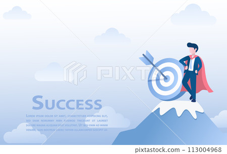 Business concept. Goals and target to success. Super boss standing on the peak of a mountain. The man at the top is the winner and the success. Vector illustration with copy space. Business concept. Goals and target to success. Super boss standing on the peak of a mountain. The man at the top is the winner and the success. Vector illustration with copy space. 113004968