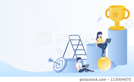 Business ideas. Steps toward success. Business people achieve goals through collaboration. Includes goal setting, target achievement, strategy management, tactical planning, improvement, development. 113004970