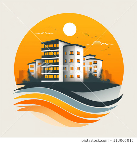 Modern buildings on the background of the sun in the sky. Vector illustration Modern buildings on the background of the sun in the sky. Vector illustration 113005015