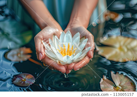 woman's hands holding water Lilly or lotus flower. Vesak day, Buddhist lent day, Buddha Purnima and birthday worshiping concept. Ai geberative 113005157