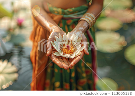 woman's hands holding water Lilly or lotus flower. Vesak day, Buddhist lent day, Buddha Purnima and birthday worshiping concept. Ai geberative 113005158
