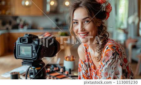 Beauty vlogger with makeup accessories, recording a tutorial in her kitchen. 113005230