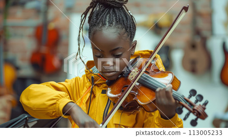 Young African Girl Playing Violin with Focus in a Music Shop Young African Girl Playing Violin with Focus in a Music Shop 113005233