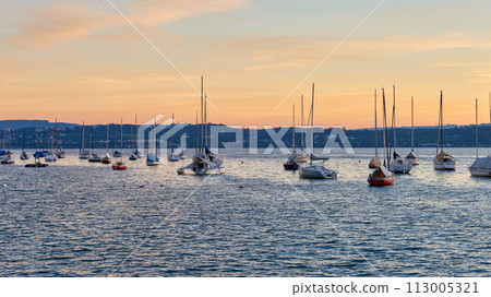 Bodensee Lake Sunset Panorama. Evening Sunlight Over Tranquil Waters. Sunset Vista at Lake Bodensee in Germany. Bodensee Lake Sunset Panorama. Evening Sunlight Over Tranquil Waters. Sunset Vista at Lake Bodensee in Germany. 113005321