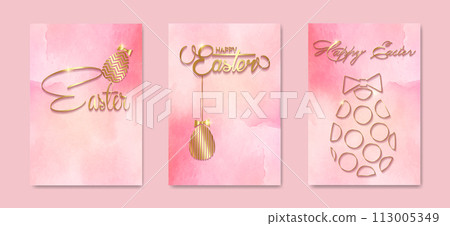 set card Happy Easter gold texture,  luxury pink watercolor background. Easter holiday invitations templates collection with hand drawn lettering and gold easter eggs. Vector fashion illustration 113005349