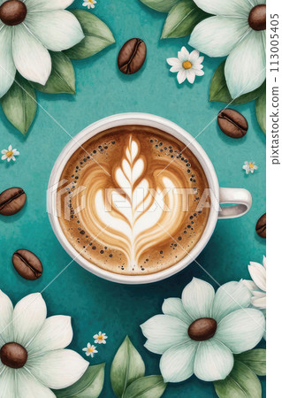 Composition with cup of coffe with latte art on turquoise background watercolor style. 113005405