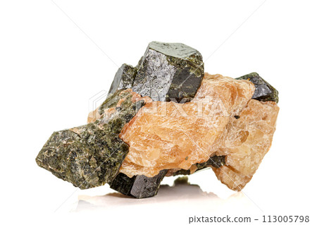 Macro of a mineral stone Vesuvianite on a white background 113005798