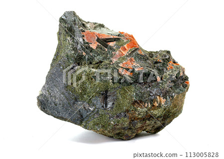 Macro stone mineral Diopside Calcite Magnetite on a white background 113005828
