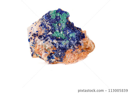 Macro mineral stone Malachite and Azurite against white background 113005839