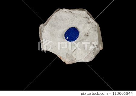 Macro mineral stone Azurite in siltstone against black background 113005844