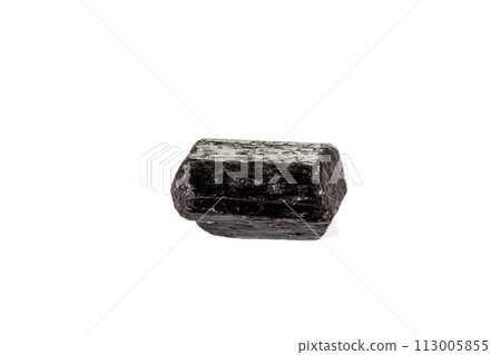 macro mineral stone schorl, black tourmaline on white background 113005855