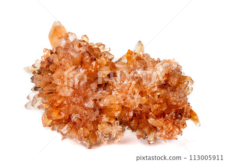 Macro of mineral stone Creedite on microcline on white background 113005911