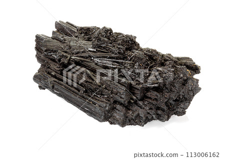 Macro stone black mineral tourmaline Scherl on white background 113006162