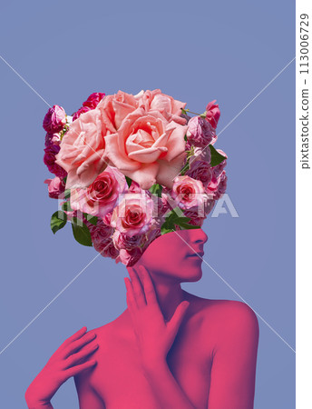 Abstract contemporary art design or portrait of young woman with flowers on face hides her eyes Abstract contemporary art design or portrait of young woman with flowers on face hides her eyes 113006729