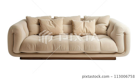 Front view of cozy, beige sofa with plush cushions, isolated on white background. Cut out living room furniture. Contemporary, Scandinavian or Japandi style. Generative AI. 113006758