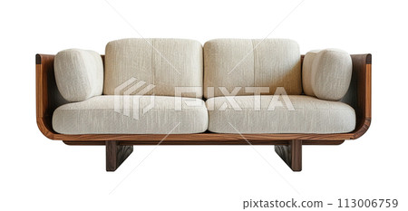 Front view of cozy, beige sofa with wooden frame, isolated on white background. Cut out living room furniture. Contemporary, Scandinavian or Japandi style. Generative AI. 113006759