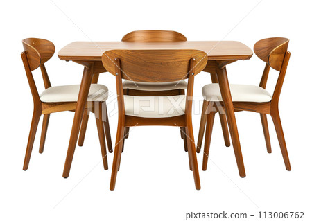 Modern dining set with a wooden table and cream upholstered chairs, isolated on white background. Cut out dining room furniture. Front view. Generative AI. 113006762