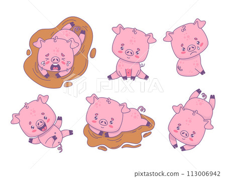 Cute pig collection. Smiling, happy and unhappy crying piggy in dirty puddle of water. Isolated funny cartoon kawaii animal character. Vector illustration. Kids collection. Cute pig collection. Smiling, happy and unhappy crying piggy in dirty puddle of water. Isolated funny cartoon kawaii animal character. Vector illustration. Kids collection. 113006942