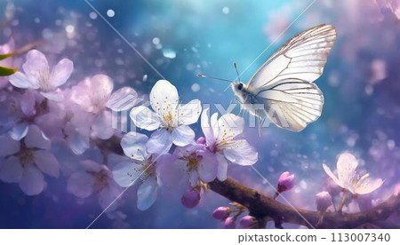 Butterfly in flight and flowers with soft focus. blossoming cherry 113007340