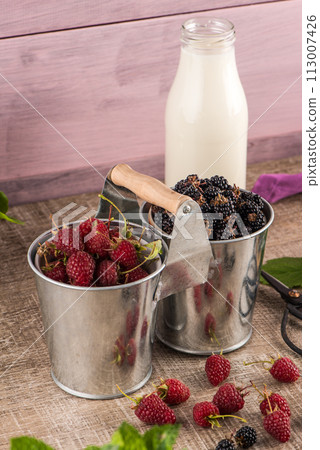 Metal buckets with fresh berries 113007426