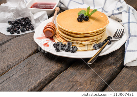 Pancakes with fresh blackberries Pancakes with fresh blackberries 113007481