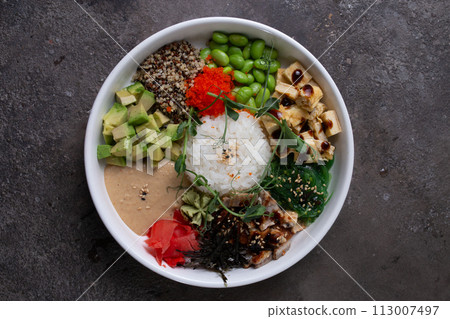 Top view Delightful Poke Bowl with Fresh Ingredients and Vibrant Colors 113007497