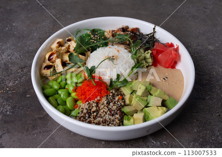 Delightful Poke Bowl with Fresh Ingredients and Vibrant Colors Delightful Poke Bowl with Fresh Ingredients and Vibrant Colors 113007533