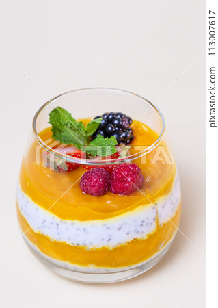 Chia seed pudding with fresh berries and mint Chia seed pudding with fresh berries and mint 113007617