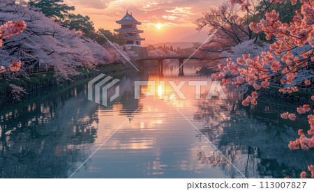 Japanse Castle, surrounded by cherry blossom. Sakura blossom 113007827