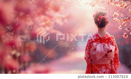 A woman in a red kimono stands under cherry blossom trees 113007828