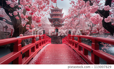 Japanse Castle, surrounded by cherry blossom. Sakura blossom 113007829