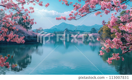 Japanse Castle, surrounded by cherry blossom. Sakura blossom 113007831