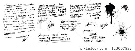 Handwriting text, vector old sketch notes, vintage written background, ink dirty splash diary blots Handwriting text, vector old sketch notes, vintage written background, ink dirty splash diary blots 113007853