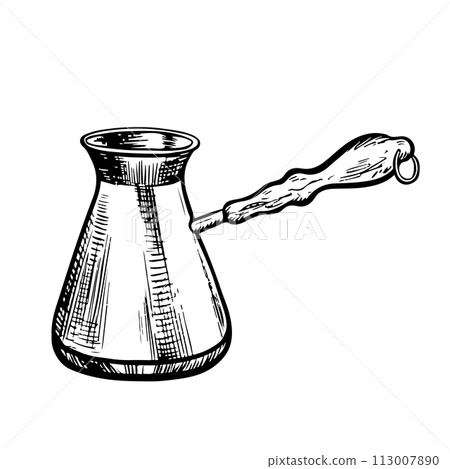 Coffee maker, Turkish coffee maker. Vector black and white graphic illustration, hand-drawn. For printing, menus, postcards and packages. For banners, flyers and posters. 113007890