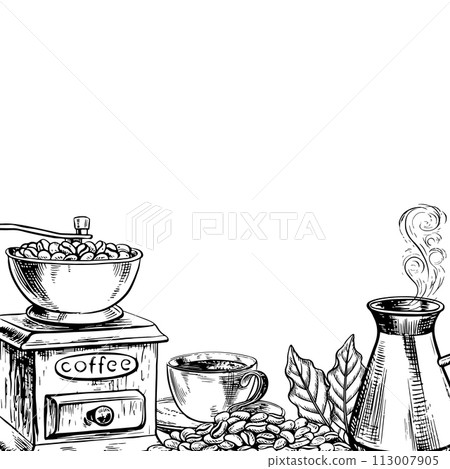 Coffee frame, curb with coffee grinder, coffee maker. Vector black and white illustration is a hand-drawn illustration. For printing, menus, postcards and packages. For banners, flyers and posters. 113007905