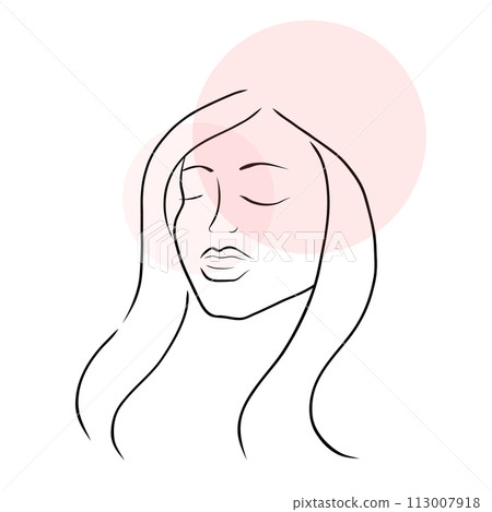 Woman face line art with long hair in pastel pink shades. Minimalistic style. Vector hand drawn beauty fashion illustration for poster, logo, cosmetics or makeup design and t-shirt prints. 113007918