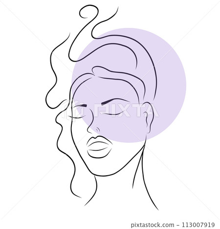 Woman face line art with free hair style in pastel violet shades. Minimalistic style. Vector hand drawn beauty fashion illustration for poster, logo, cosmetics or makeup design and t-shirt prints. 113007919
