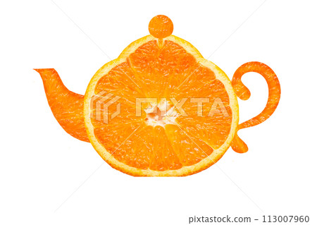 Kettle made of orange on a white background. Orange tea 113007960