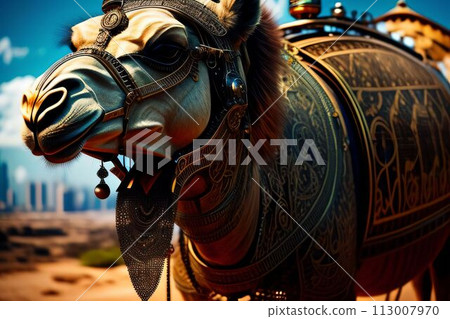 Cute camel made out of metal generated by AI. Robot camel. 113007970