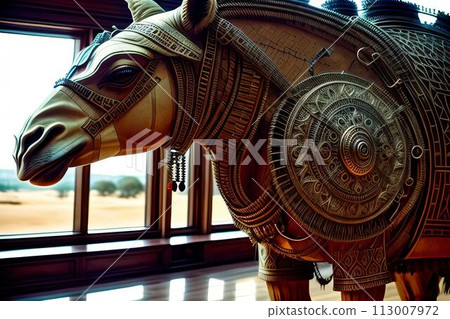 Cute camel made out of metal generated by AI. Robot camel. 113007972