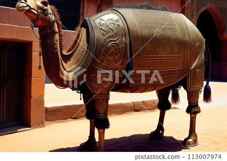 Cute camel made out of metal generated by AI. Robot camel. 113007974