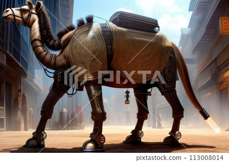 Cute camel made out of metal generated by AI. Robot camel. 113008014